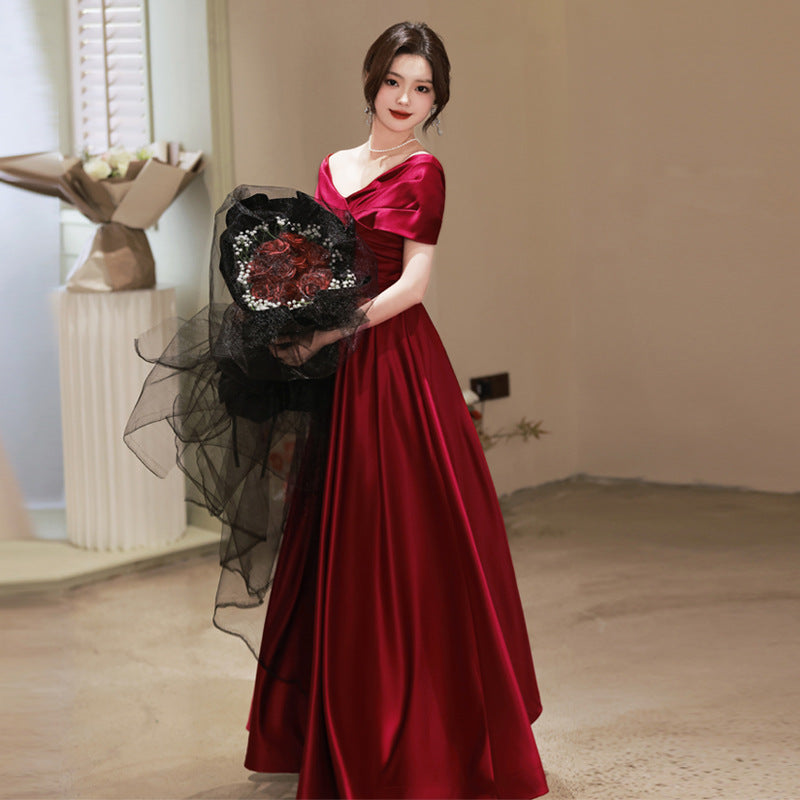 Bridal Toast Clothing Velvet 2024 New High-Grade off-Shoulder Banquet Temperament Engagement License Host Evening Dress