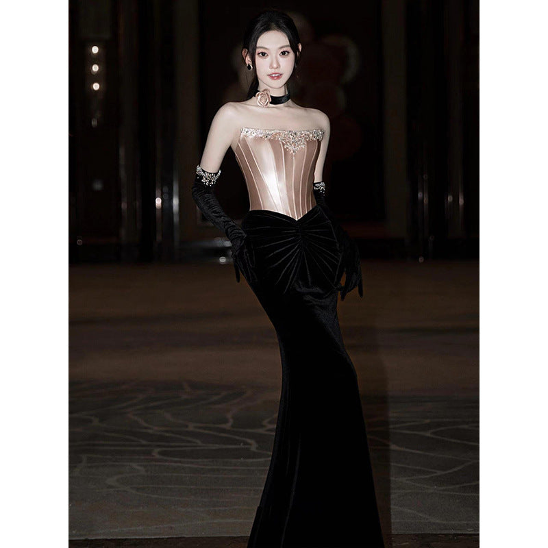 Morning Gowns Women's 2024 New High-Grade Bride Engagement Formal Dress Toast Clothing Black Small Tail Host Evening Dress