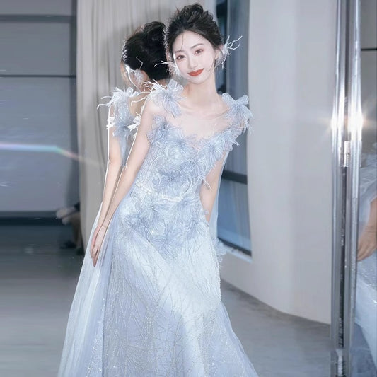 Fairy Strap Evening Dress Host Birthday Banquet Adult Ceremony Blue Tulle Tutu Annual Meeting Dress High-End Sense