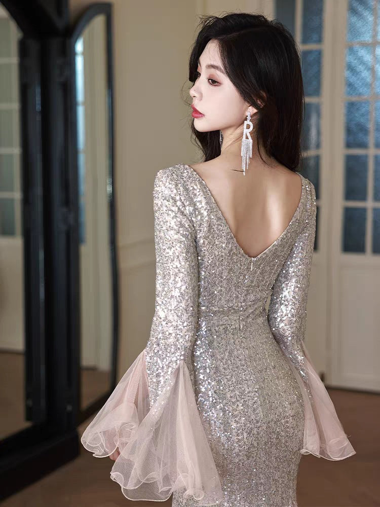 Silver Heavy Industry Evening Dress for Women 2024 New Ladies Banquet Temperament Annual Meeting Host Sexy Fishtail High Sense