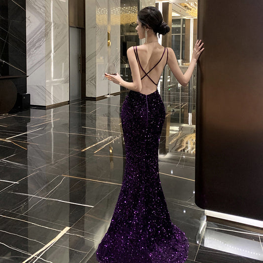 2024 New Small Dress High-Grade Temperament Socialite Heavy Embroidery Sequins Purple Bare Back Sling Dress