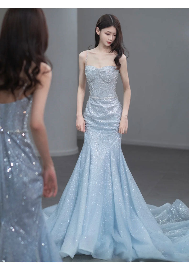 Fishtail Evening Dress High-Grade Model Catwalk Student Art Exam Toast Dress Bride Super Fairy Blue French Strap