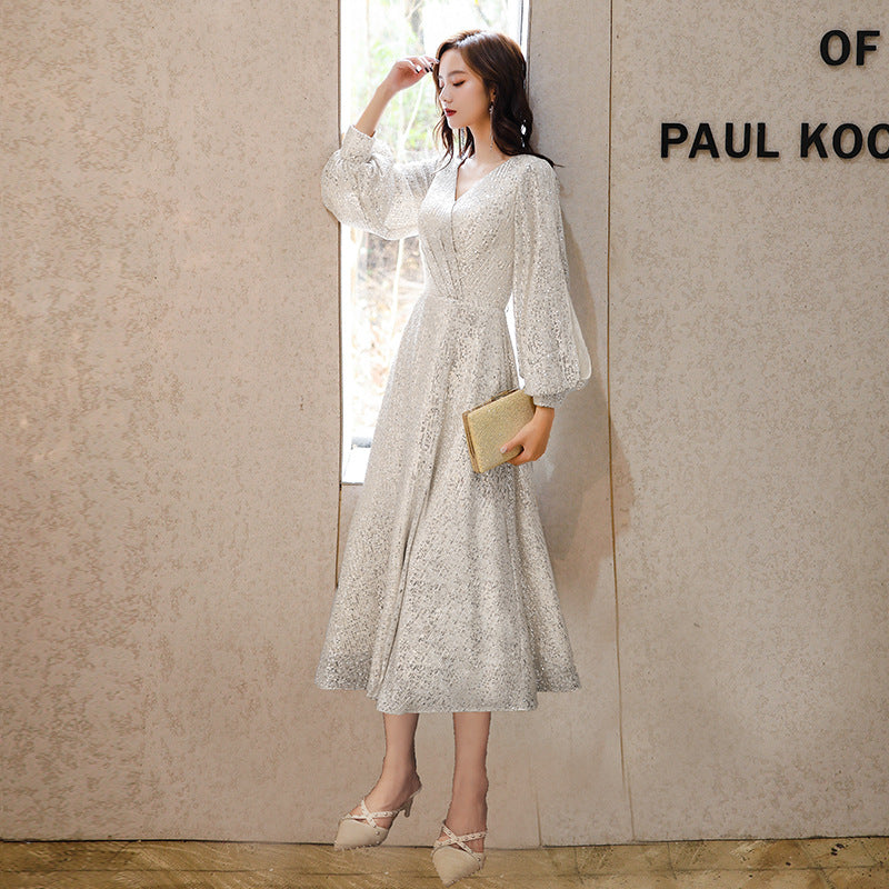 Factory Supply Evening Dress 2024 New Autumn and Winter Long Long Sleeve V-neck Sequins Champagne Annual Party Evening Dress