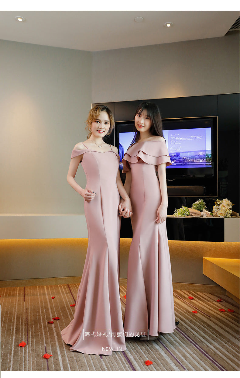 Ladybros' Dress 2023 Summer Autumn New Style off-Shoulder Annual Meeting Pink Figure Flattering Fishtail Dress for the Besties Bridesmaid Dress for Women