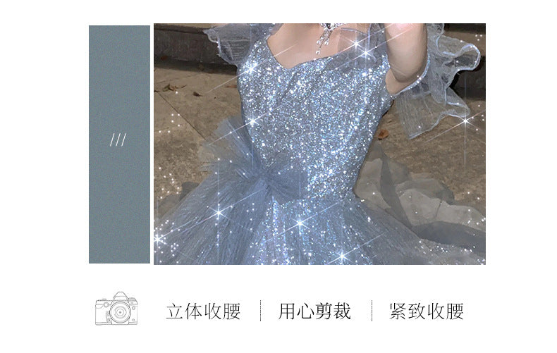 French Princess Escape Evening Dress Super Fairy Blue Student Art Exam Performance Dress off-Shoulder Temperament Bride Toast Dress