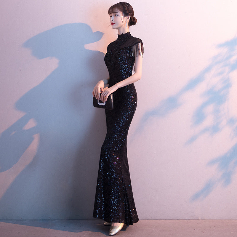 Black Evening Dress Women's 2024 New Summer and Autumn Temperament Banquet Host Light Luxury European and American Socialite Fishtail Long