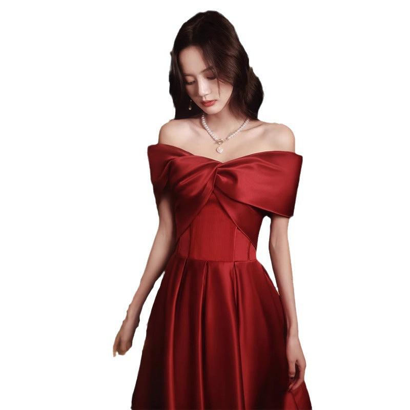 Wine Red Toast Dress Bride 2024 New Appreciation Dinner Engagement Wedding Back-to-Door off-Shoulder Evening Dress for Women Autumn