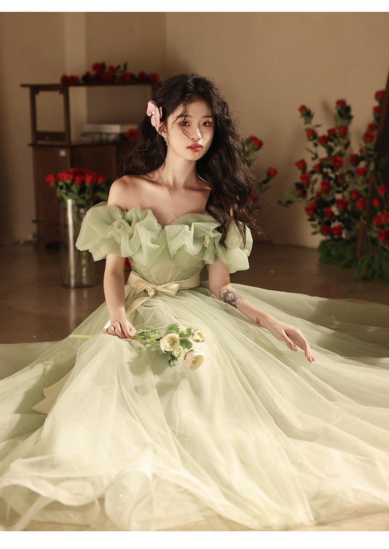 off-Shoulder Evening Dress High-End Affordable Luxury Niche Atmosphere Host Annual Party Dress Student Art Exam Performance Green