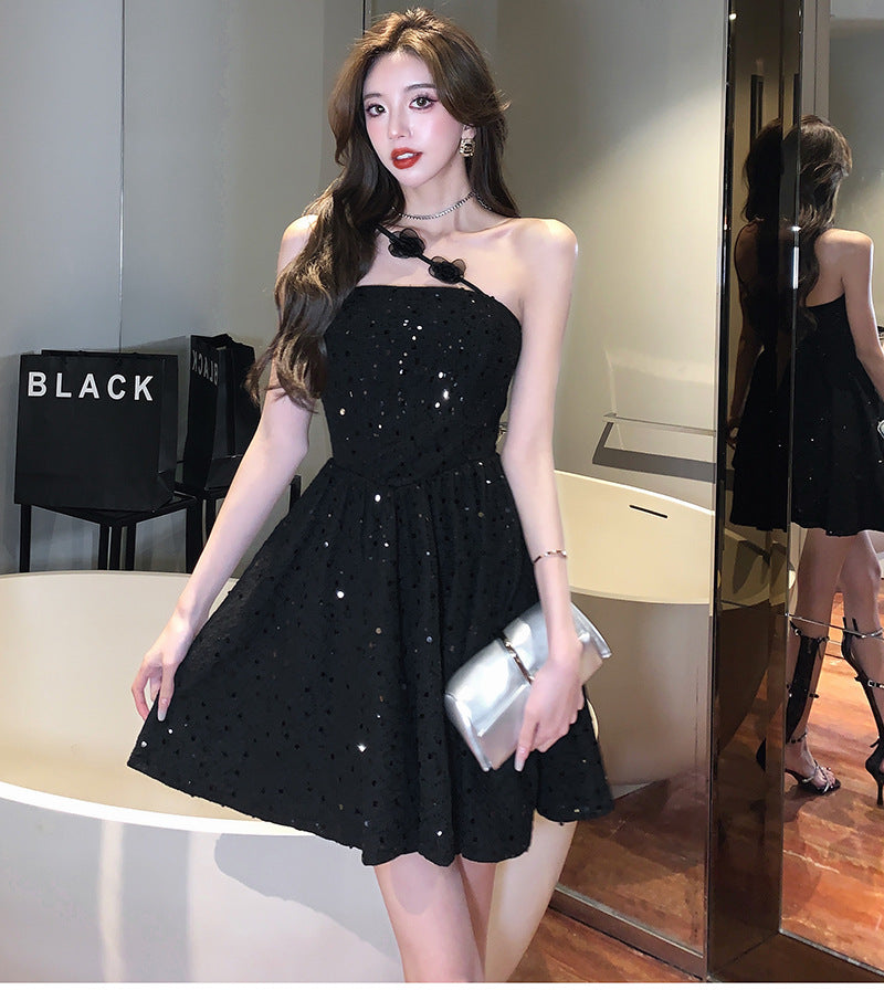 6155 Cross-Border in Stock 2024 New Sweet Lady Heavy Craft Sequin Slim Fit Bandeau One-Shoulder Dress Dress