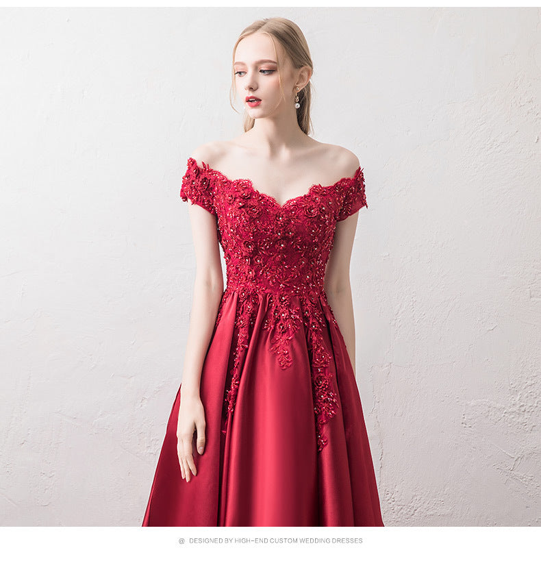 off-Shoulder Wine Red Toast Dress Bride 2024 New Marriage Engagement Wedding Family Visiting Shoes Banquet Evening Dress