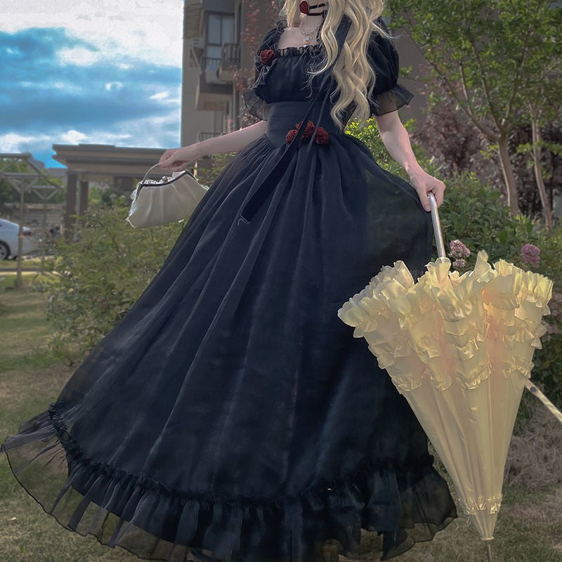 French First Love Organza Backless Lace up Blue Dress Female Tea Break Milk Fufu Escape Princess Super Fairy