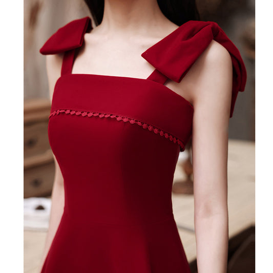 Toast Dress Bride Spring Short Small Wine Red Daily Style Back-to-Door Casual Wear Sling Female Engagement Dress