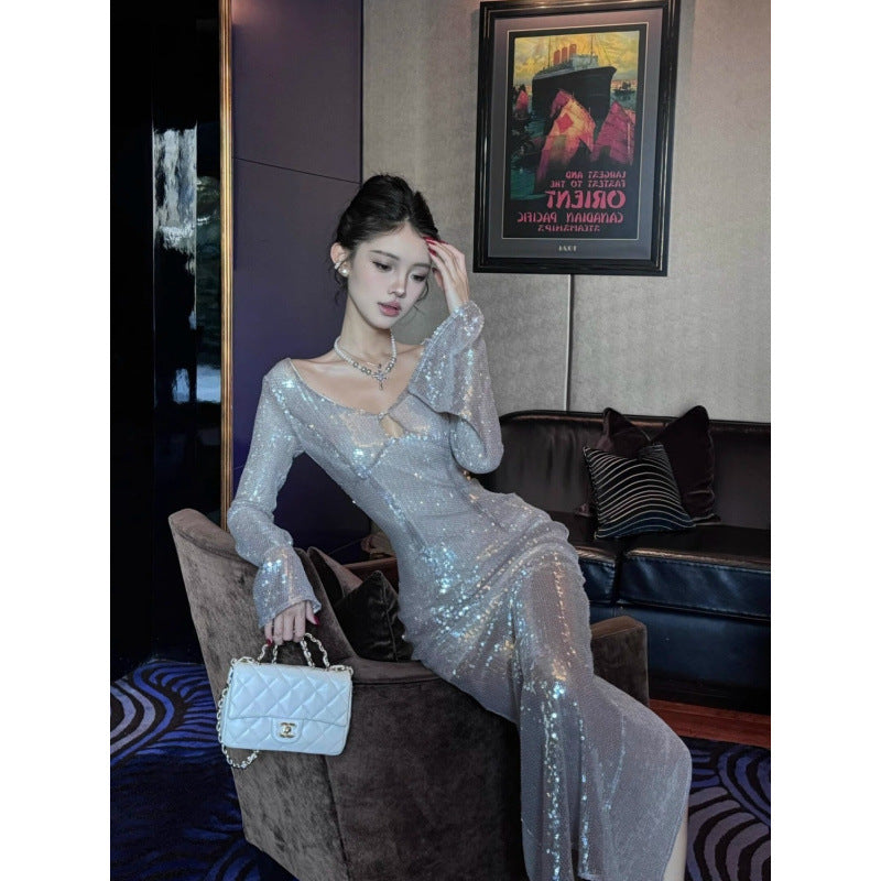 European and American Style Hollow Design Sense Sequins Dress 2024 Spring and Autumn New High Sense Niche Socialite French Sexy