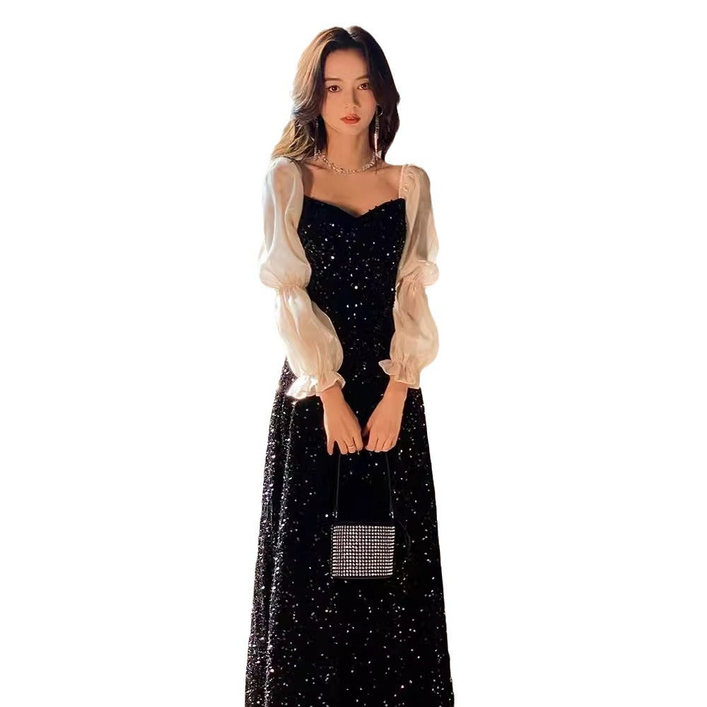 Black Annual Party Dress Female 2024 New High-End Temperament Host Adult Ceremony High-Grade Long Sleeve Noble