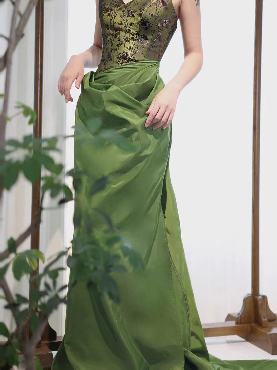 Green New Chinese Style Morning Gowns Dress Toast Dress Bride Engagement Dress Light Luxury Minority Long Tube Top Dress
