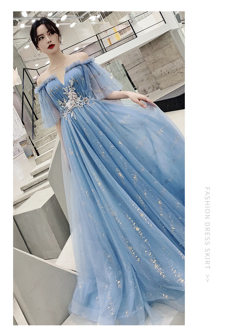 Blue Host Art Exam Evening Dress Female 2024 New Banquet Temperament Princess Fairy Mori Style