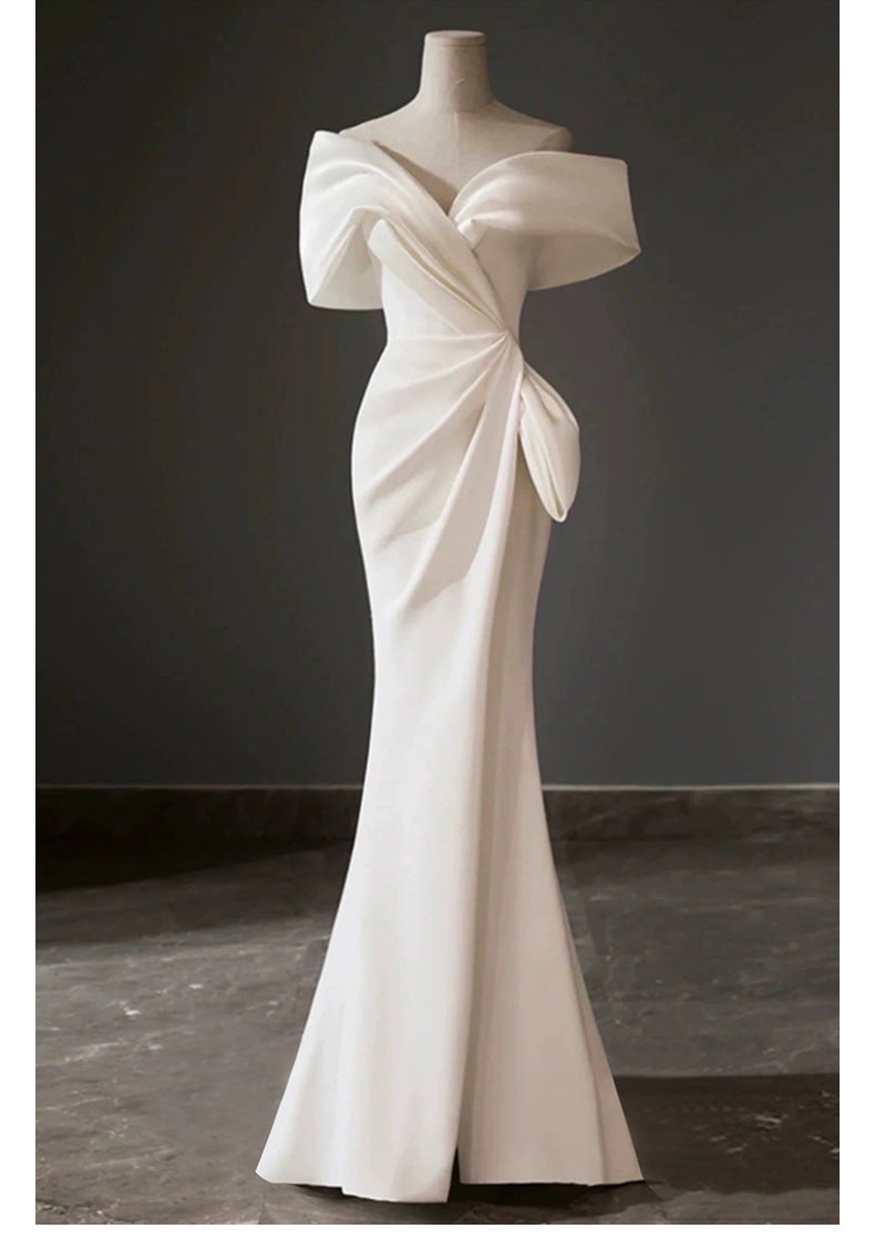 off-Shoulder White French Suit 2024 New Winter Light Luxury Minority High-End Engagement Fishtail High-End Evening Dress