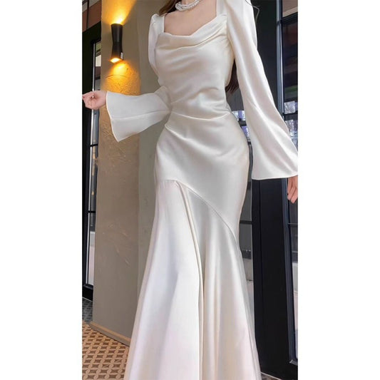 French Style Long Sleeve Fishtail Dress Early Spring High-End Satin Collar White Dress Engagement Dress Wedding Morning Gowns