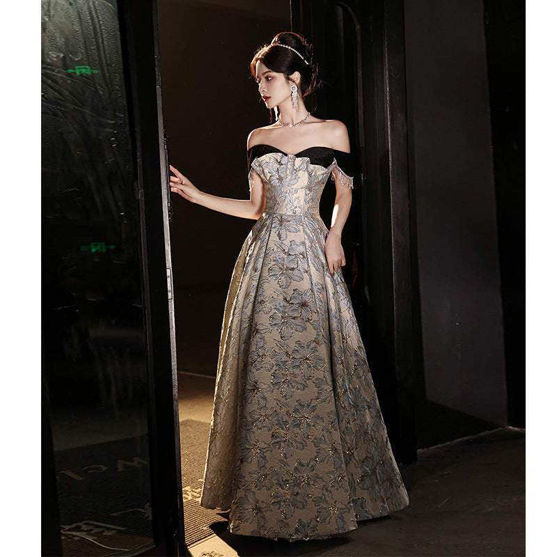 off-Shoulder Banquet Evening Dress Dress Female Gao Ding French Entry Lux Niche High-End Temperament Senior Sense Host Adult Ceremony