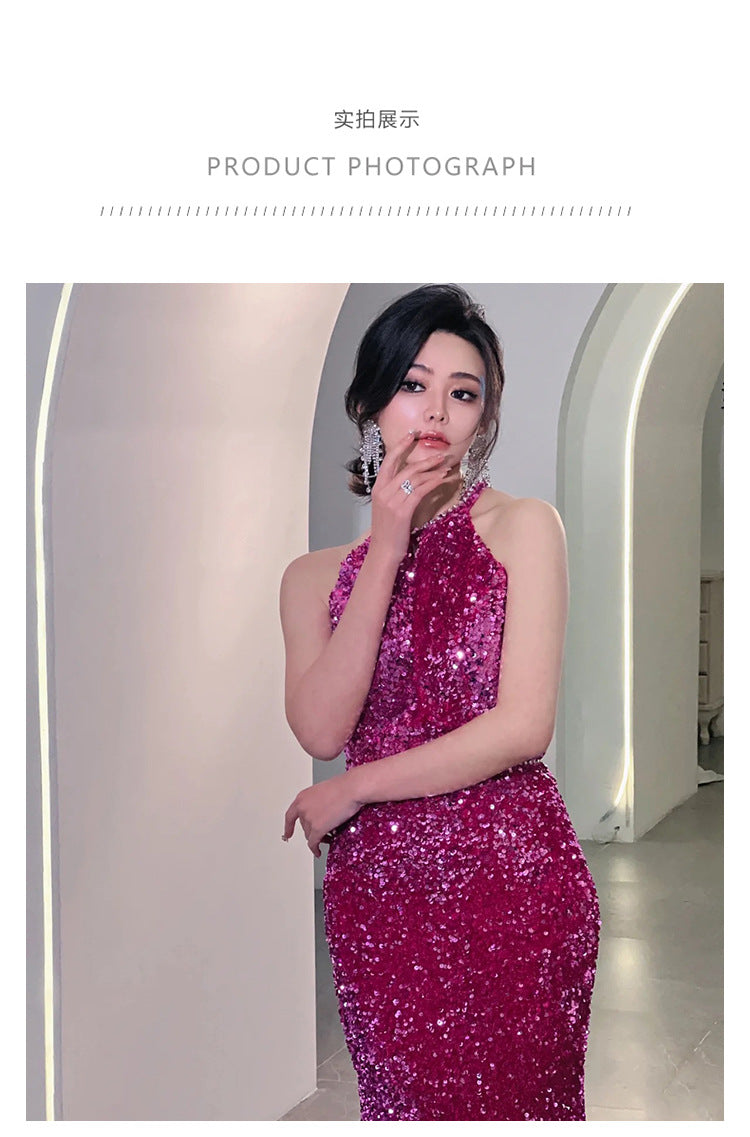 Rose Red Evening Dress Temperament Entry Lux Sense Backless Fishtail Engagement Dress Bridal Halter Toast Dress