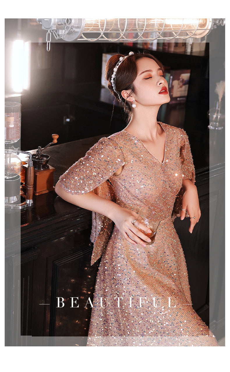 Foreign Trade Cross-Border Supply Evening Dress for Women 2024 New Banquet Socialite Temperament Entry Lux Niche Host Sense Sequins