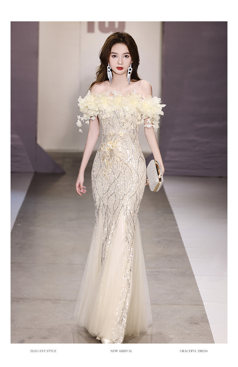 Fishtail Evening Dress 2024 off-Shoulder High-End Affordable Luxury Niche High-End Host Sequined Annual Meeting Dinner Flash