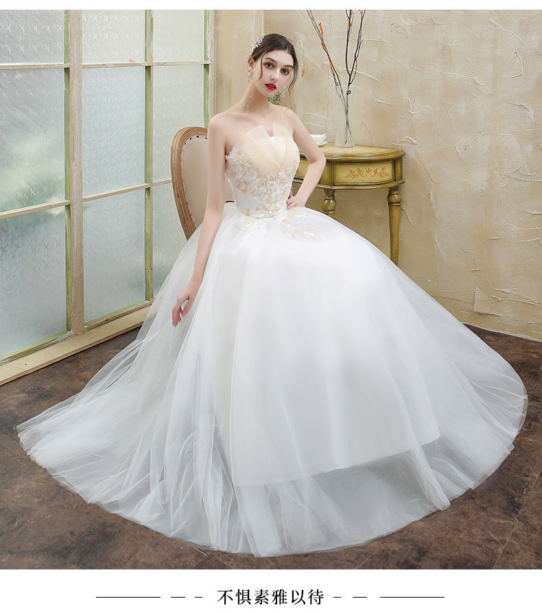New Wedding Dress Forest Style French Strapless Bride Slimming Simple Wedding Gown Floor-Length Outdoor Veil Light