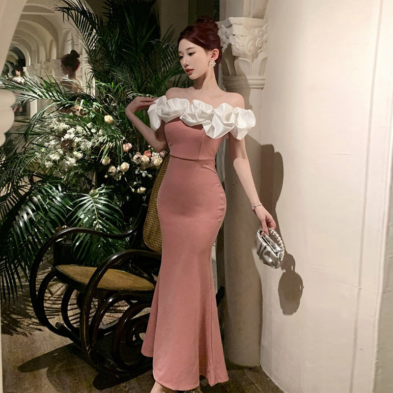 2883 Cross-Border Foreign Trade Women's Clothing Wholesale Southeast Asia off-Shoulder Contrast Color Evening Dress Temperament Slimming Fishtail Dress