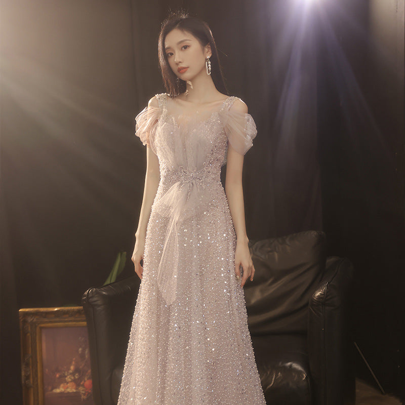 Evening Dress 2024 Autumn and Winter New Banquet Temperament Heavy Industry Light Wedding Dress Engagement Dress Toast Dress Host