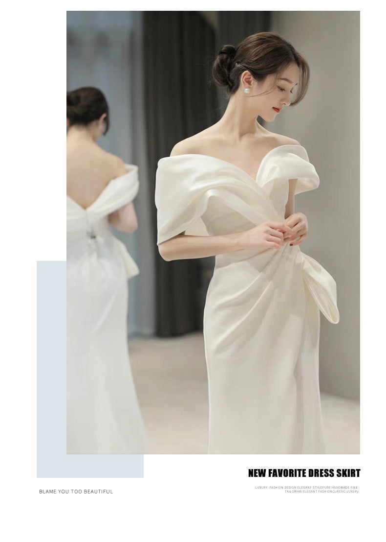 off-Shoulder White French Suit 2024 New Winter Light Luxury Minority High-End Engagement Fishtail High-End Evening Dress