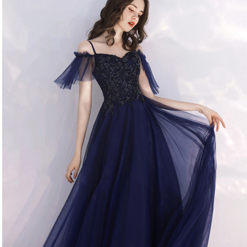 Evening Dress Women's Simple and Elegant Autumn Elegant Long Banquet Sling Host's Dress Dress Toast Dress