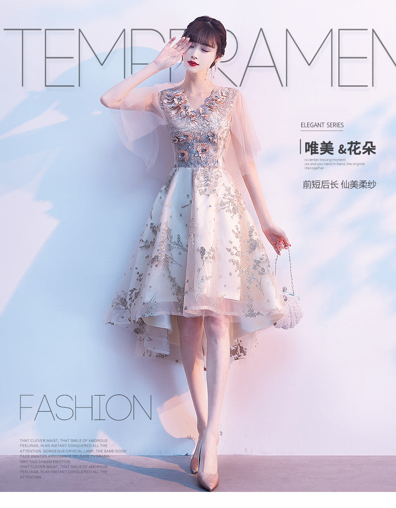 Evening Dress for Women Banquet Temperament Fairy Light Luxury Minority High-End Host Short Front Short Back Length Dress