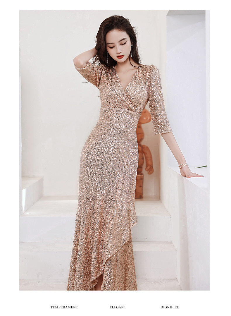 Birthday Banquet Evening Dress for Women 2024 New Host Temperament Fishtail Heavy Embroidery Sequins Half Sleeve Dress Dress