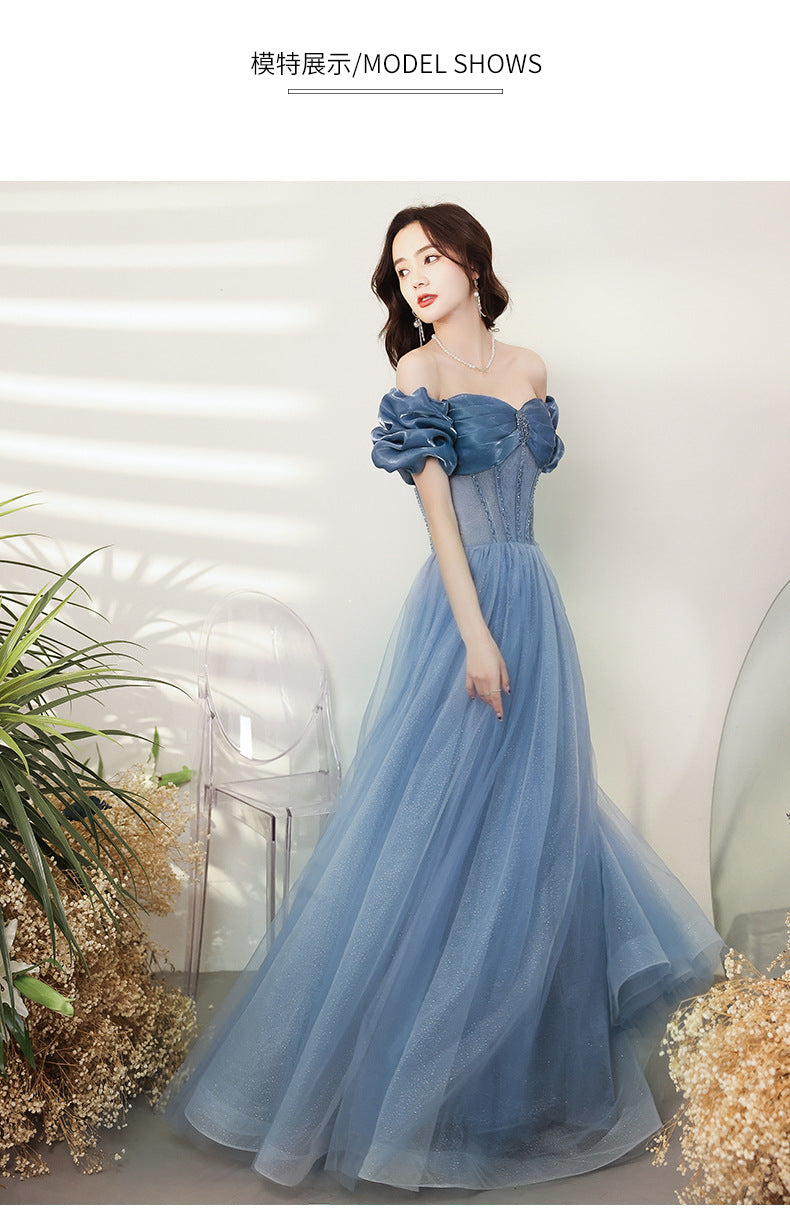 Blue Evening Dress Women's off-Shoulder 2024 New Autumn Banquet Temperament Performance Host Texture Art Exam Dress