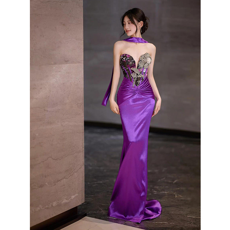 New Chinese Style Morning Gowns Women's 2024 New Design Sense Niche Bride Engagement Skirt Small Size in Purple Trailing Tube Top Toast Clothing