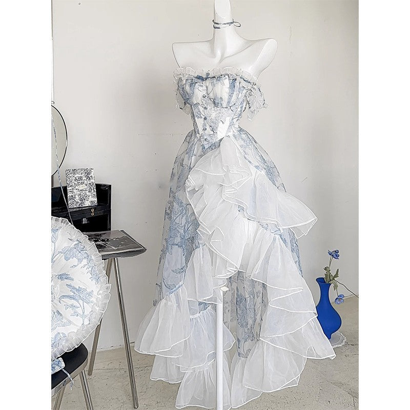 French Blue Floral Strapless Dress Women's Summer Princess Vintage Vintage Lolita Dress