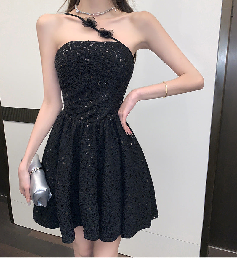 6155 Cross-Border in Stock 2024 New Sweet Lady Heavy Craft Sequin Slim Fit Bandeau One-Shoulder Dress Dress