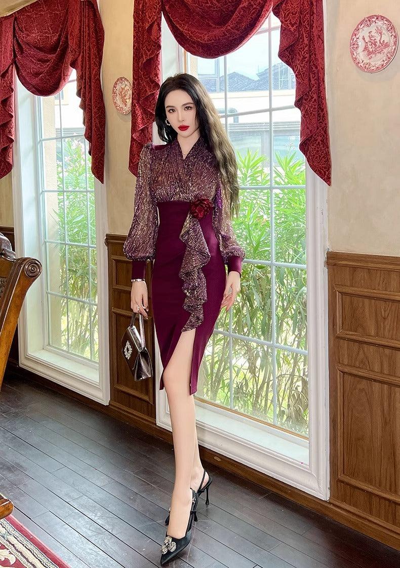 New Fall Women's Clothing Slim Fit Slimming Long Sleeves Dress Elegant High Sense Light Luxury Minority Red Engagement Dress