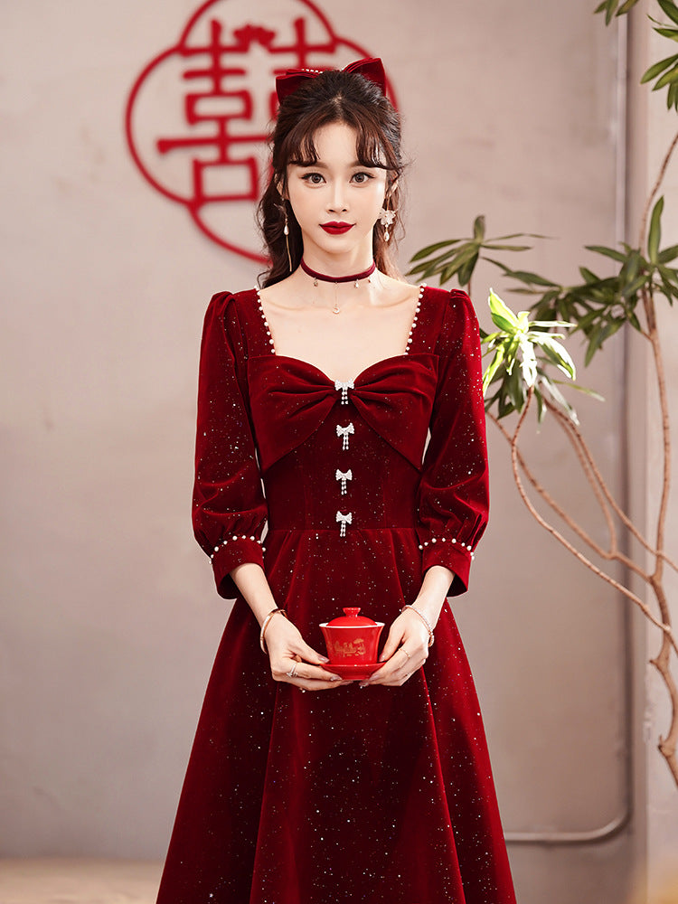 Toast Dress Bride Red Dress Women's High-Grade Skirt Small Engagement Dress Long Sleeve Daily Style Women