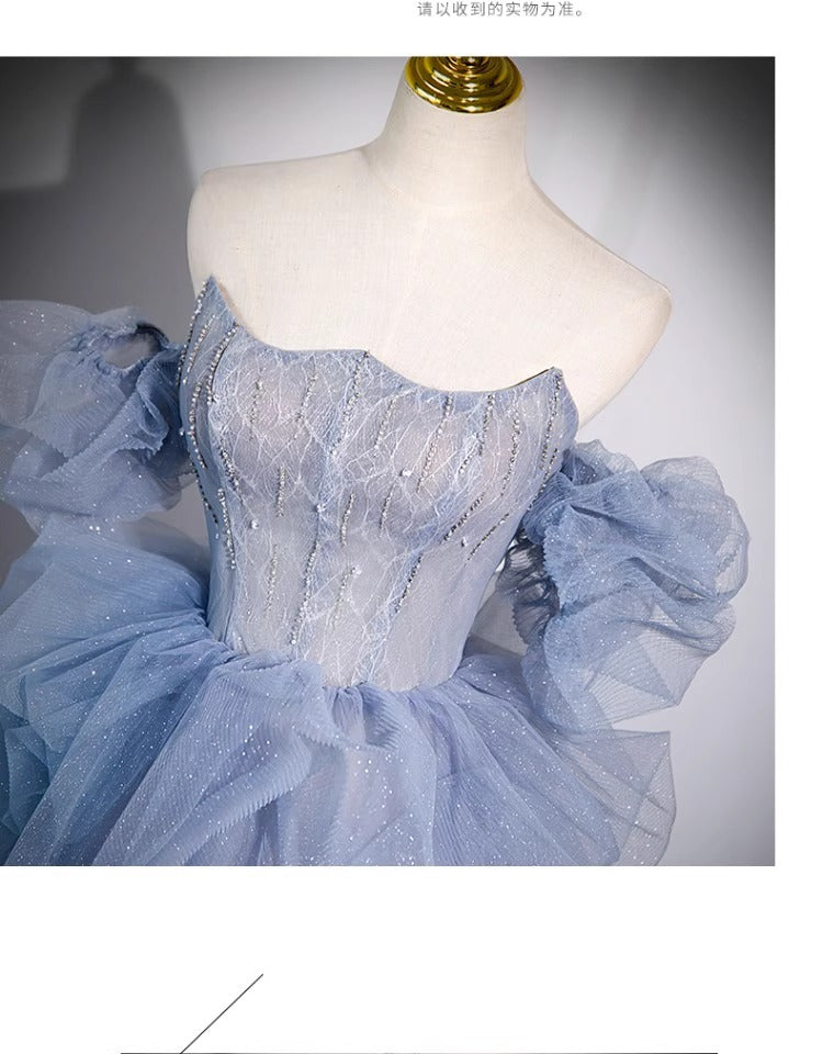 off-Shoulder Evening Dress Haze Blue Piano Performance Adult Ceremony Wedding Dress Bel Canto Solo Blue Gauze Skirt Art Test H2839