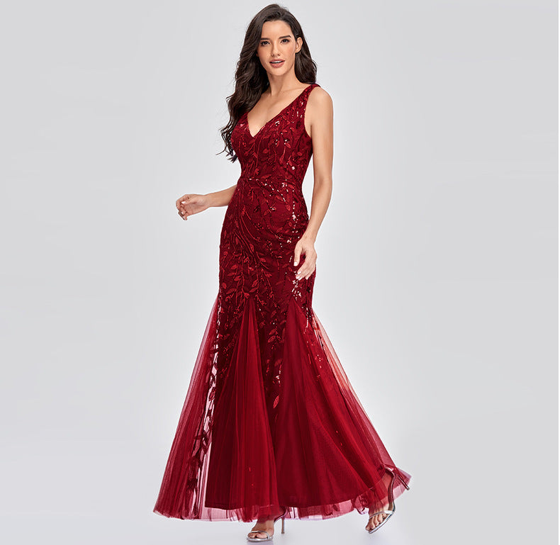 New 2023 Dress Sexy Dress Sleeveless V-neck Embroidery Sequin Slim Fishtail Bridesmaid Evening Dress for Women