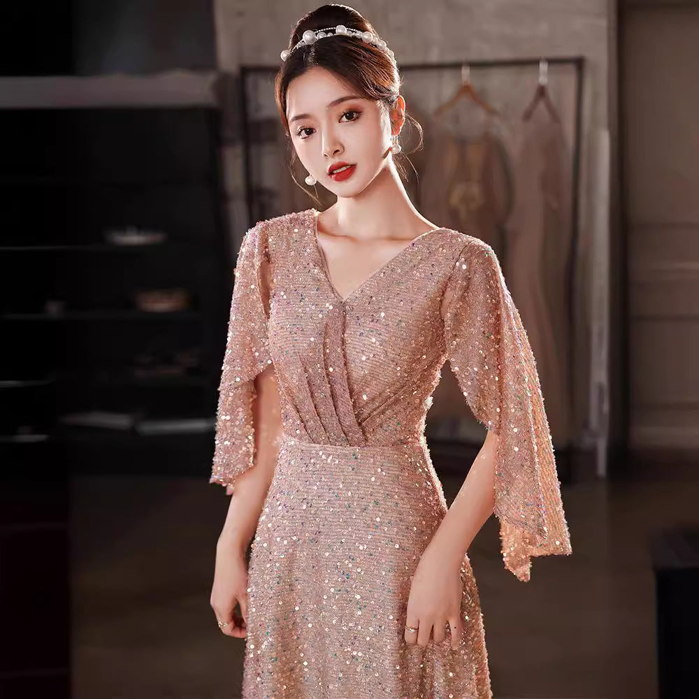 Foreign Trade Cross-Border Supply Evening Dress for Women 2024 New Banquet Socialite Temperament Entry Lux Niche Host Sense Sequins