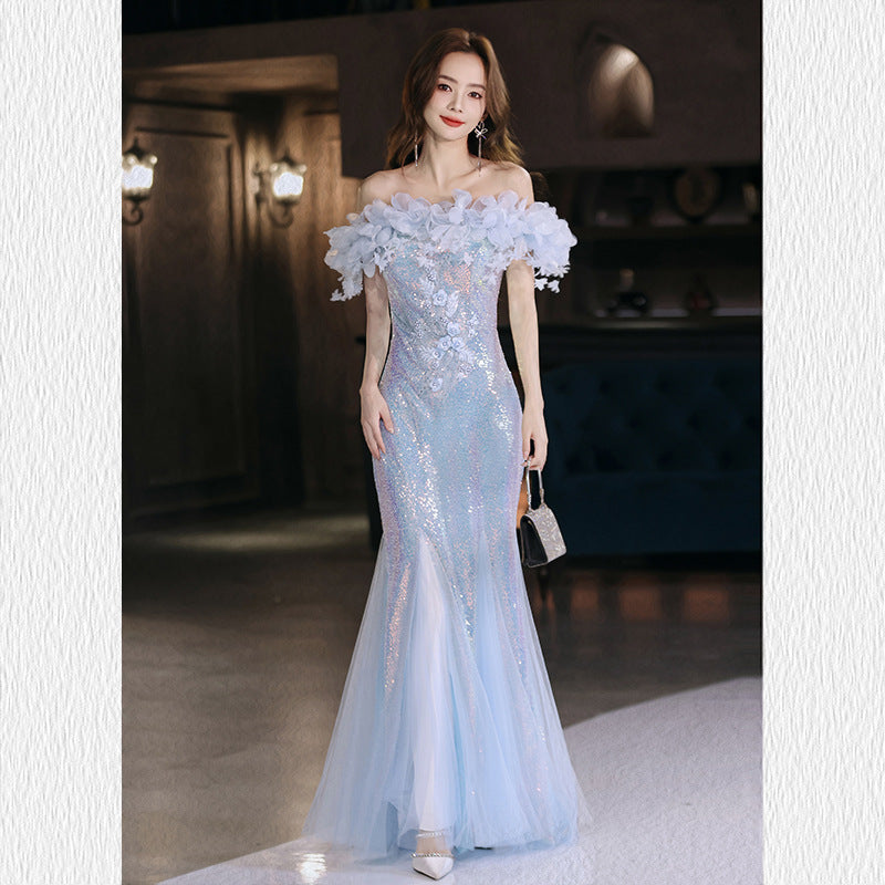 Fishtail Evening Dress 2024 off-Shoulder High-End Affordable Luxury Niche High-End Host Sequined Annual Meeting Dinner Flash