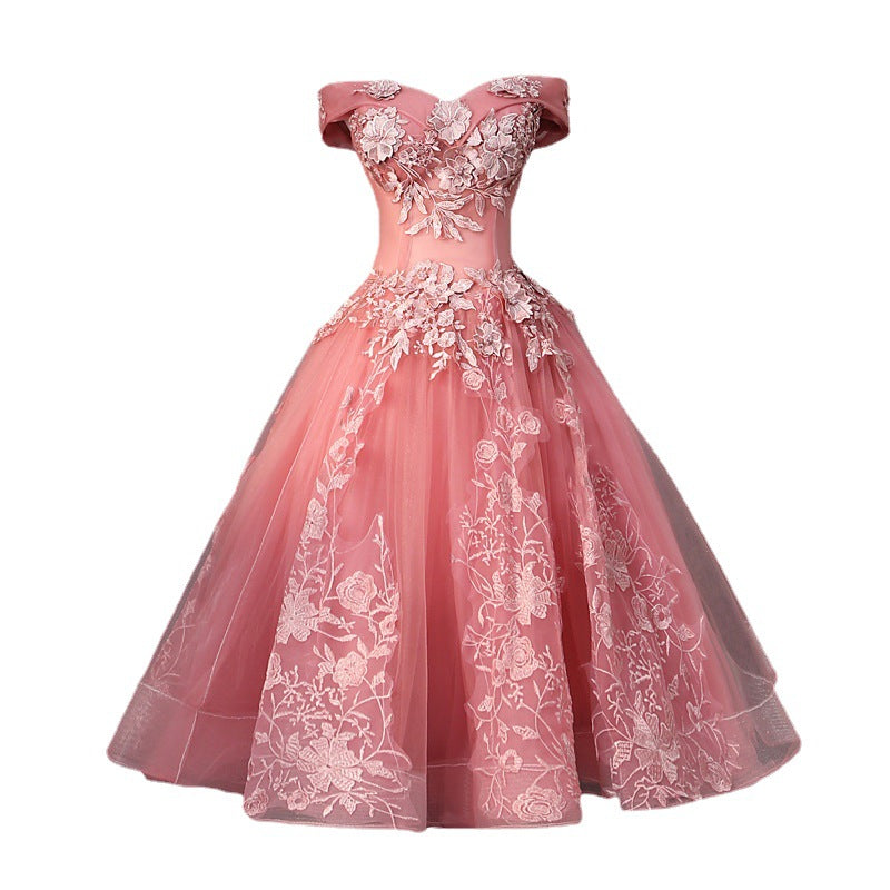 Evening Dress Short Pettiskirt Spring Pink Wedding Bridesmaid Dress off-Shoulder Short Sleeve Slimming Host Dress for Women