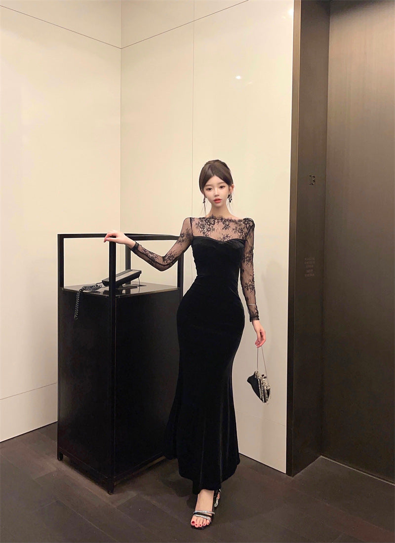 1164 Europe and America Southeast Asia Foreign Trade Wholesale 2024 French Pure Desire Lace Stitching Velvet Backless Dress Dress