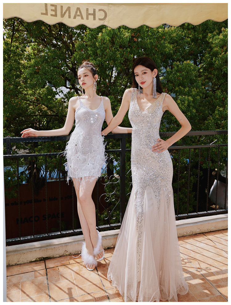 Mermaid Banquet Evening Dress 2024 New High-Grade Fine Glitter Dress Mesh Fishtail Dress Small Dress