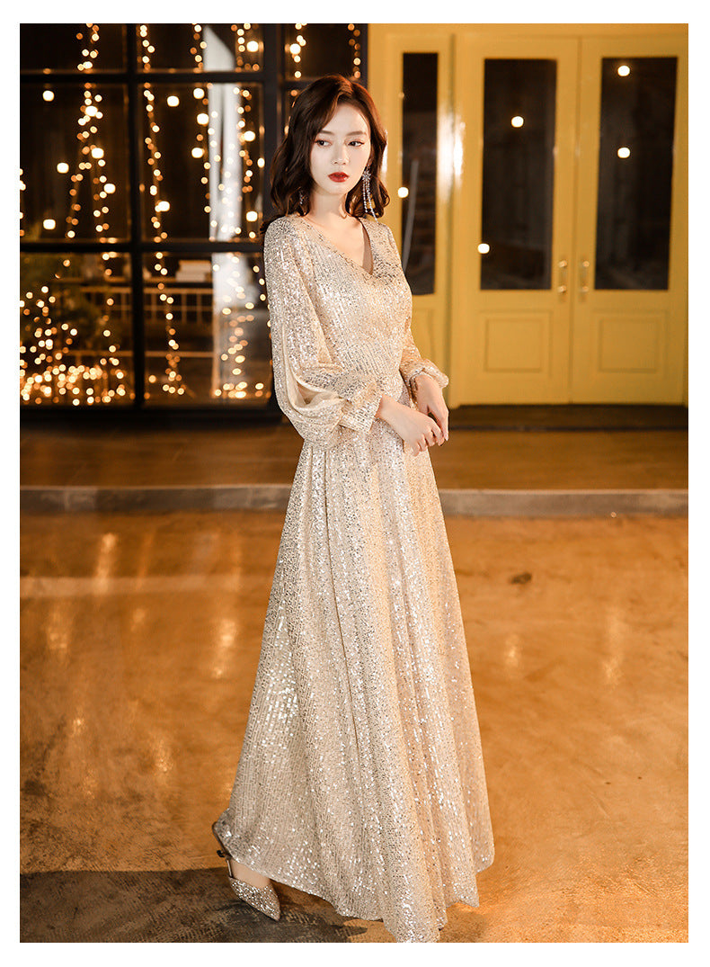 Factory Supply Evening Dress 2024 New Autumn and Winter Long Long Sleeve V-neck Sequins Champagne Annual Party Evening Dress