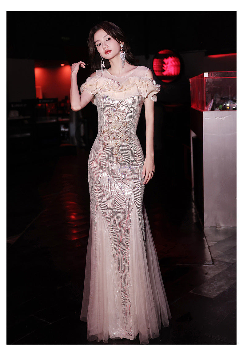 Fishtail Evening Dress 2024 New Sequined off-Shoulder Light Luxury Minority Host Banquet Heavy Work Waist-Tight Evening Dress
