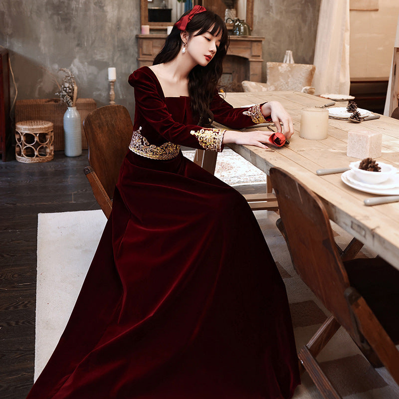 Wedding Toast Dress 2024 New Velvet Wine Red Long Bride Long Evening Dress Autumn Elegant Toast