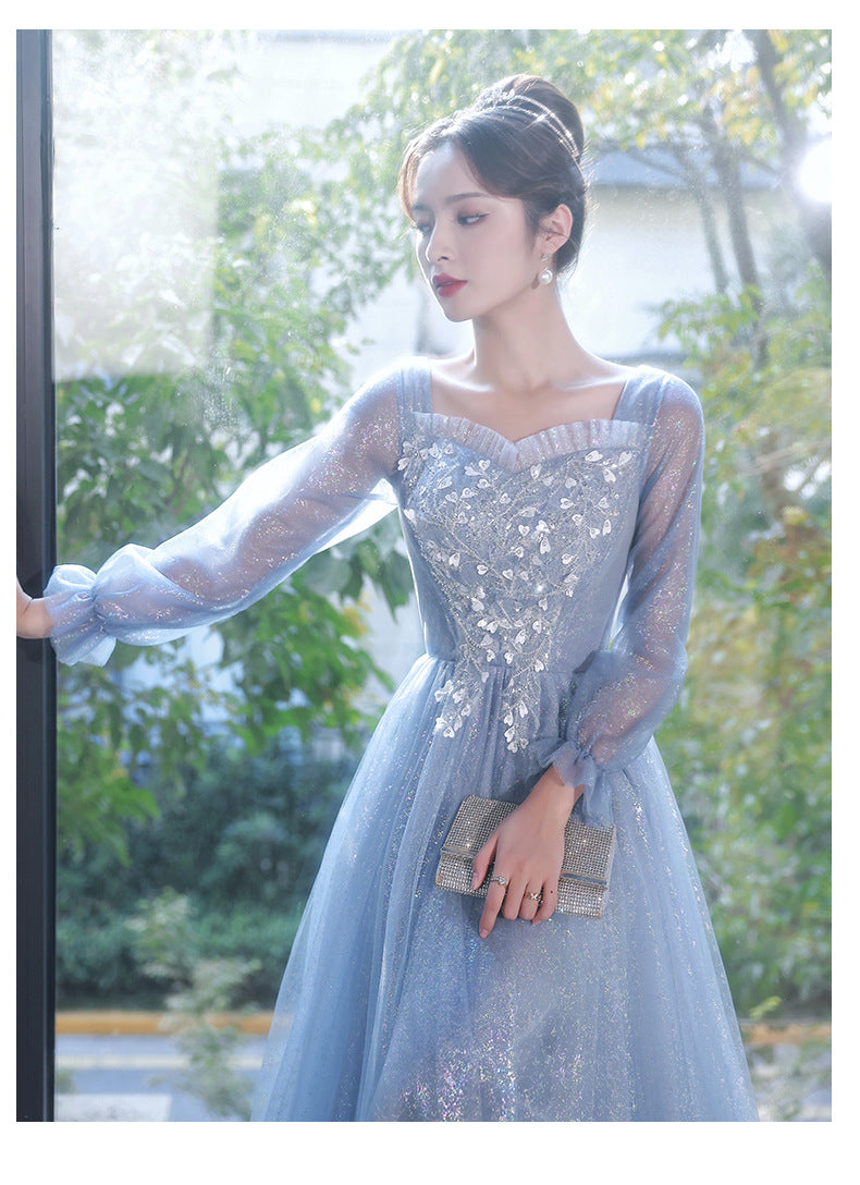 Blue Evening Dress for Women 2023 New High-Grade Banquet Temperament Long Sleeve Light Luxury Minority High-End Performance Art Exam Dress